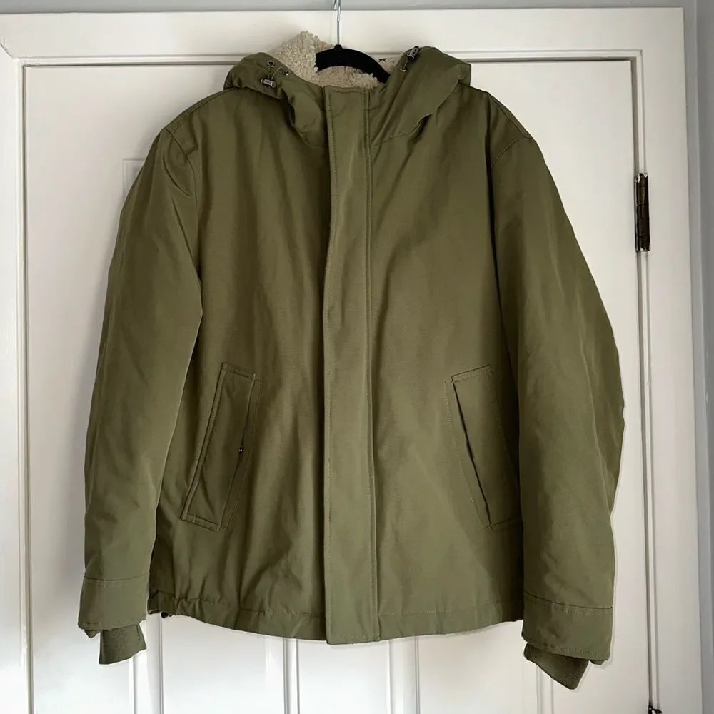 ZARA MENS SIZE M QUILTED OUFFER JACKET KHAKI GREEN‎ with hood